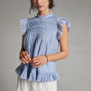 Anthropologie Blue and White Striped Flutter Sleeve top Size XS
